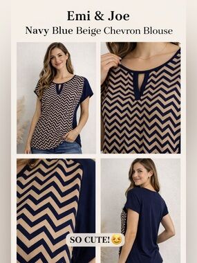 Emi & Joe Chevron Blouse Navy Beige Boho Chic Flowy Top S